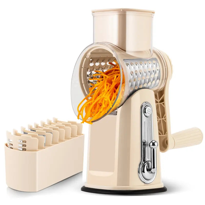 Rotary cheese grater with handle, 5 blades and powerful suction cup base.